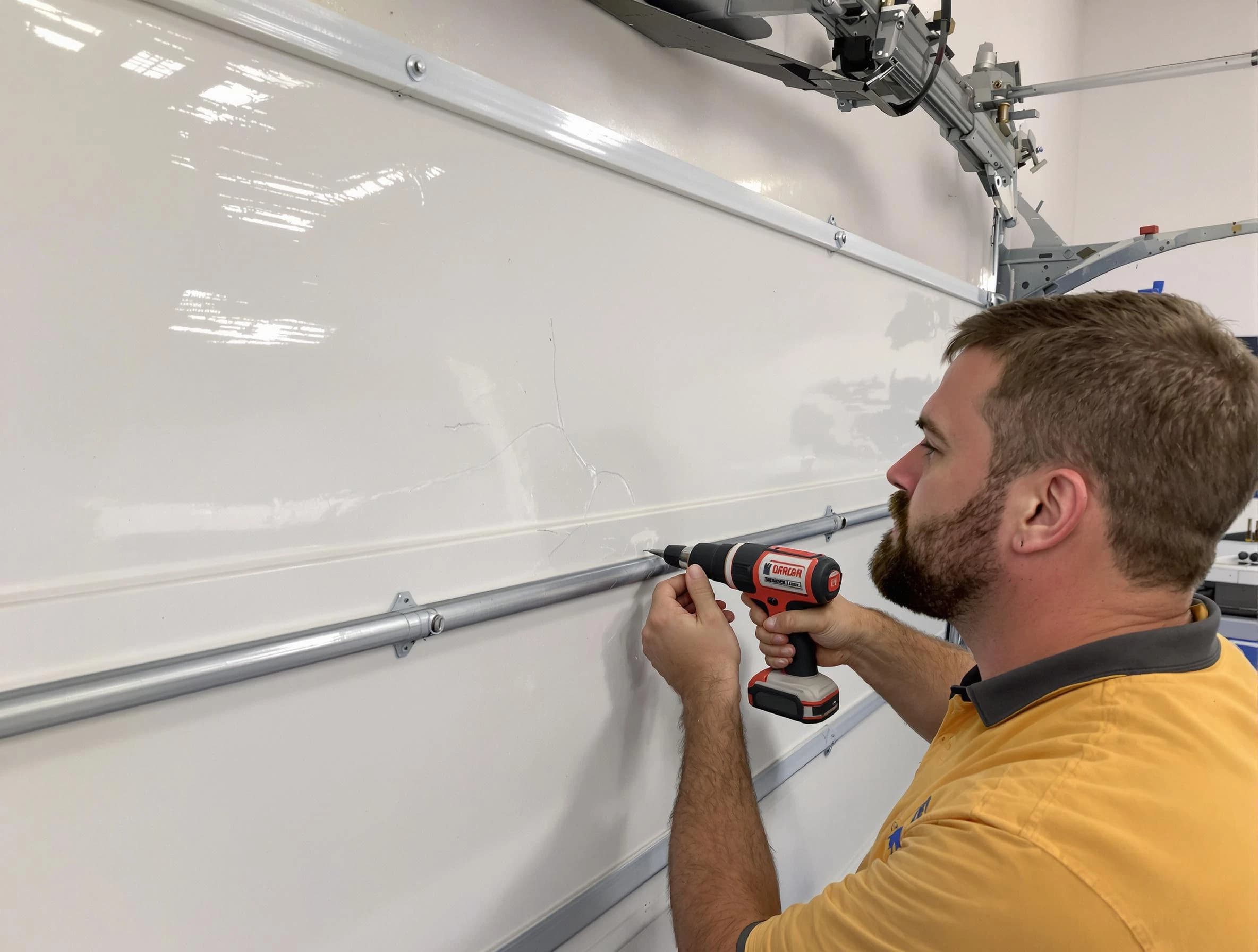 Madison Garage Door Repair expert performing dent repair on garage door in Madison