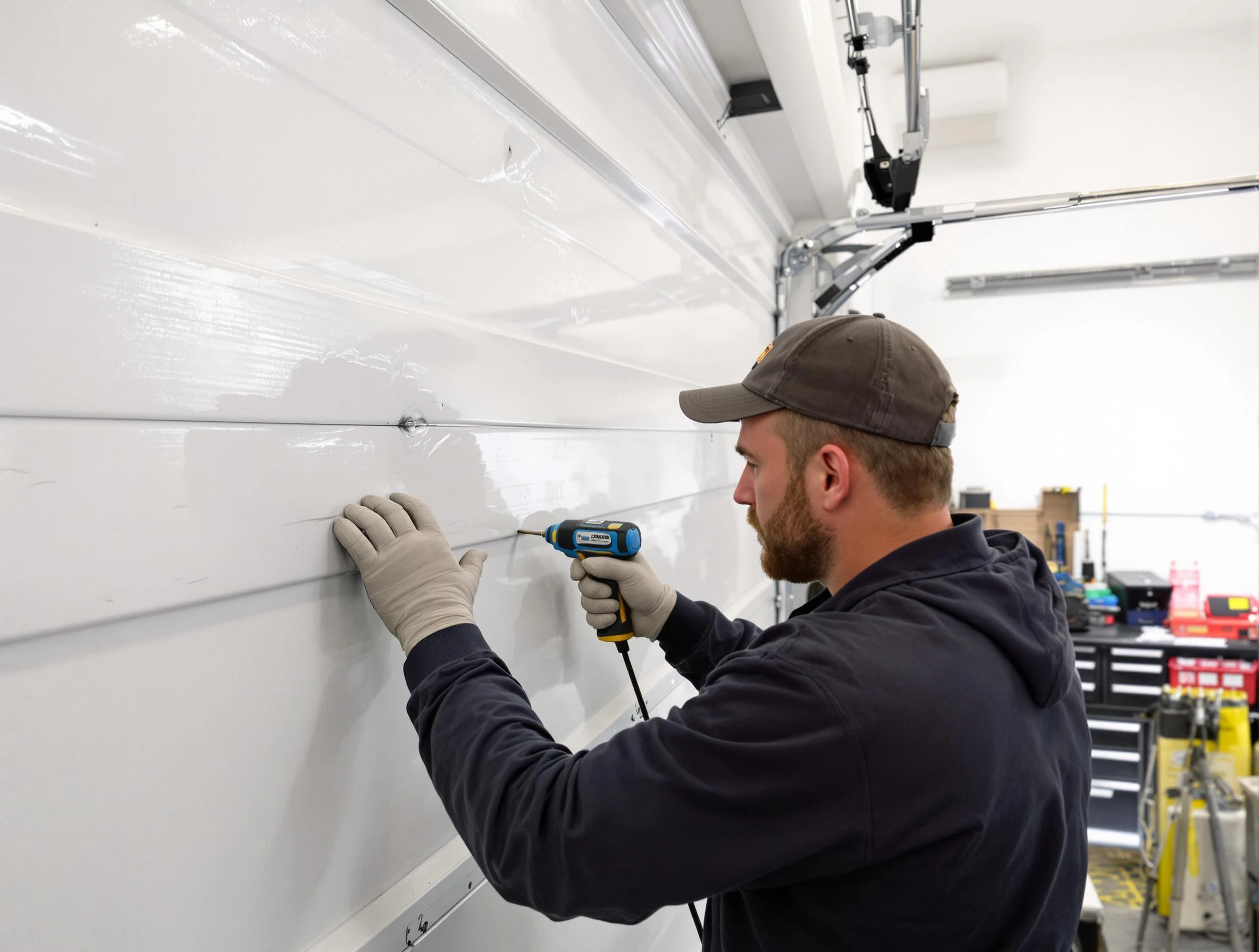 Madison Garage Door Repair technician demonstrating precision dent removal techniques on a Madison garage door